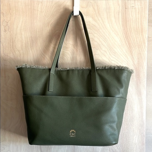 C & C California Tote Bag Vegan Leather Green Reversible to Sherpa OS - Picture 2 of 11